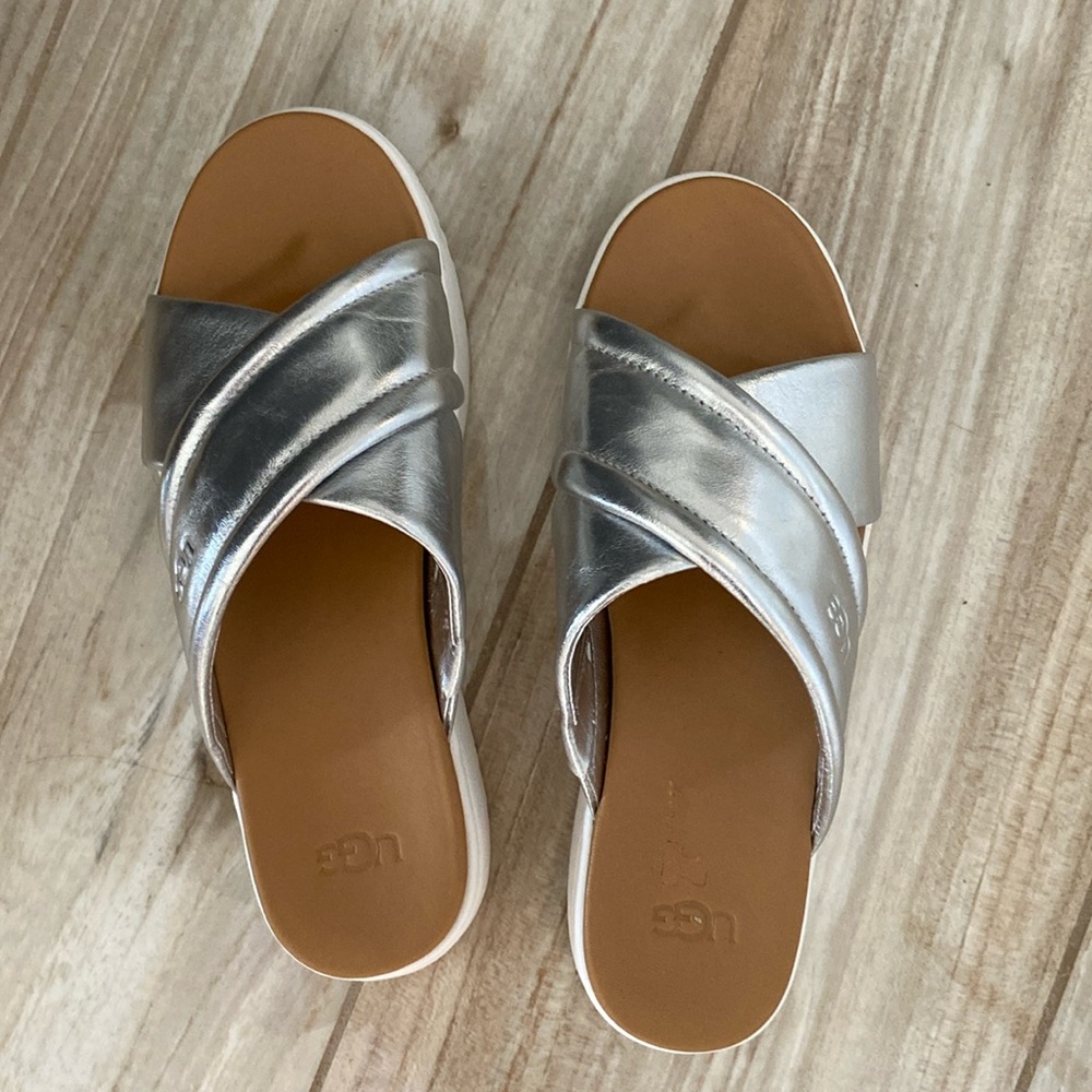 Silver Ugg sandals with cushion platform.
